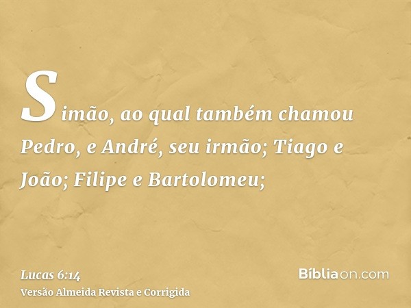 Simão, ao qual também chamou Pedro, e André, seu irmão; Tiago e João; Filipe e Bartolomeu;