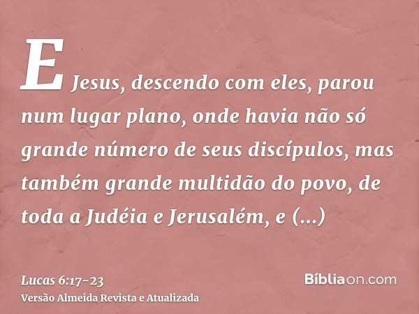 E Jesus, descendo com eles, parou num lugar plano, onde havia não só grande número de seus discípulos, mas também grande multidão do povo, de toda a Judéia e Je