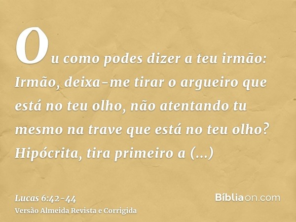 Ou como podes dizer a teu irmão: Irmão, deixa-me tirar o argueiro que está no teu olho, não atentando tu mesmo na trave que está no teu olho? Hipócrita, tira pr