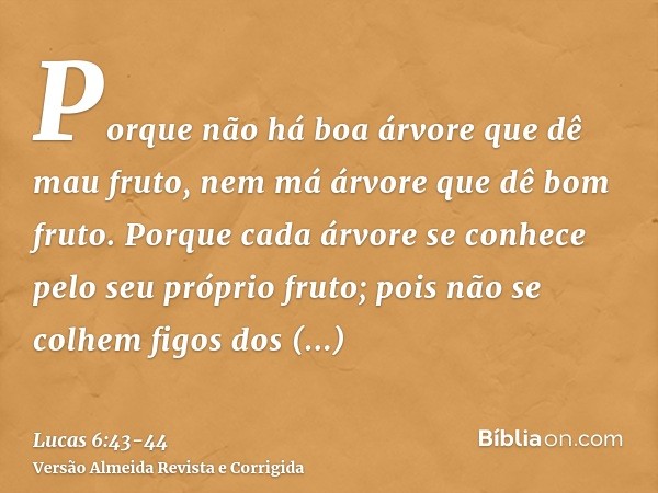 Porque não há boa árvore que dê mau fruto, nem má árvore que dê bom fruto.Porque cada árvore se conhece pelo seu próprio fruto; pois não se colhem figos dos esp