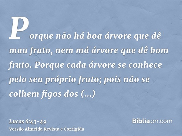 Porque não há boa árvore que dê mau fruto, nem má árvore que dê bom fruto.Porque cada árvore se conhece pelo seu próprio fruto; pois não se colhem figos dos esp