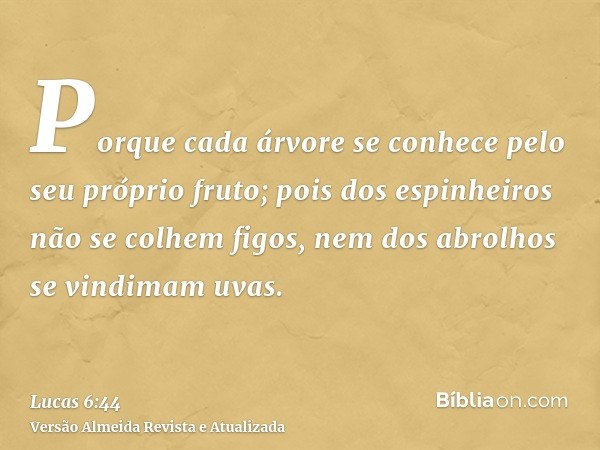 Porque cada árvore se conhece pelo seu próprio fruto; pois dos espinheiros não se colhem figos, nem dos abrolhos se vindimam uvas.