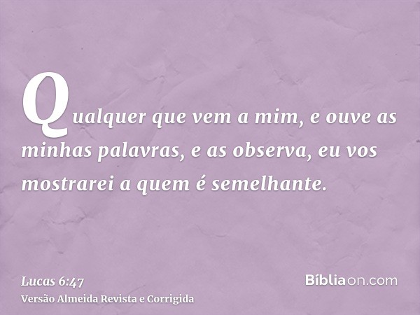 Qualquer que vem a mim, e ouve as minhas palavras, e as observa, eu vos mostrarei a quem é semelhante.