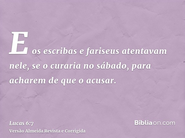 E os escribas e fariseus atentavam nele, se o curaria no sábado, para acharem de que o acusar.