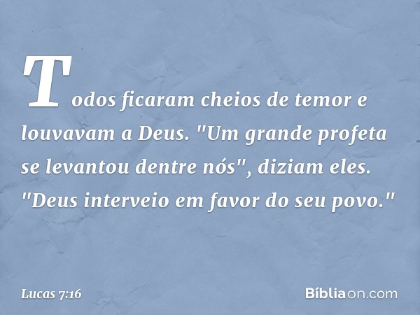 Todos ficaram cheios de temor e louvavam a Deus. "Um grande profeta se levantou dentre nós", diziam eles. "Deus interveio em favor do seu povo." -- Lucas 7:16