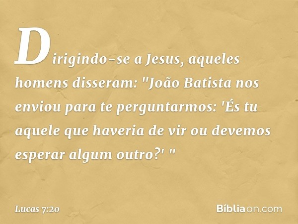 Dirigindo-se a Jesus, aqueles homens disseram: "João Batista nos enviou para te perguntarmos: 'És tu aquele que haveria de vir ou devemos esperar algum outro?' 