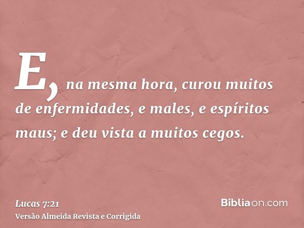 E, na mesma hora, curou muitos de enfermidades, e males, e espíritos maus; e deu vista a muitos cegos.