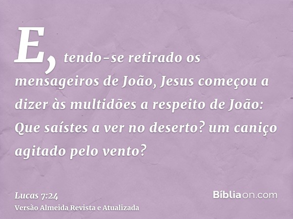 E, tendo-se retirado os mensageiros de João, Jesus começou a dizer às multidões a respeito de João: Que saístes a ver no deserto? um caniço agitado pelo vento?