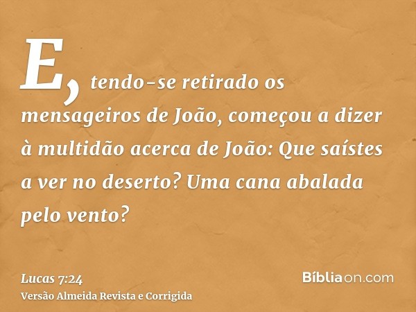E, tendo-se retirado os mensageiros de João, começou a dizer à multidão acerca de João: Que saístes a ver no deserto? Uma cana abalada pelo vento?