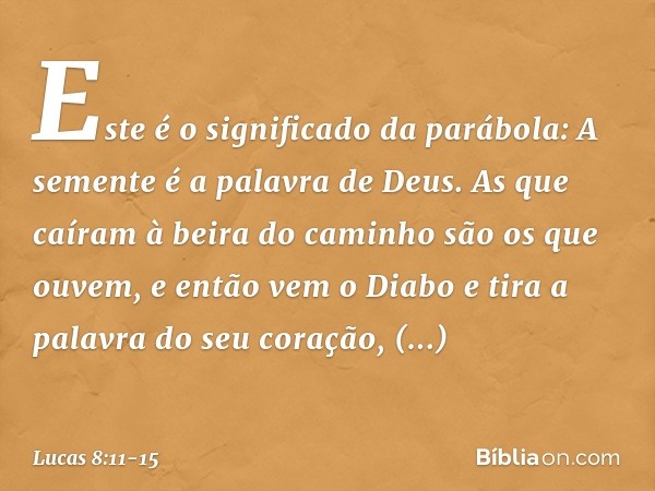 "Este é o significado da parábola: A semente é a palavra de Deus. As que caíram à beira do caminho são os que ouvem, e então vem o Diabo e tira a palavra do seu