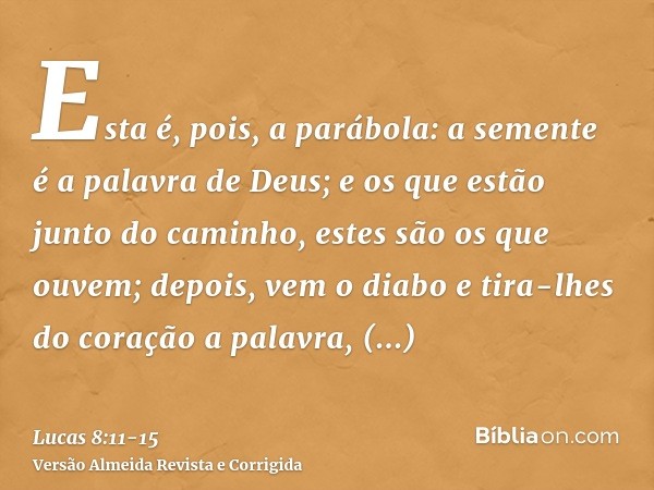 Esta é, pois, a parábola: a semente é a palavra de Deus;e os que estão junto do caminho, estes são os que ouvem; depois, vem o diabo e tira-lhes do coração a pa