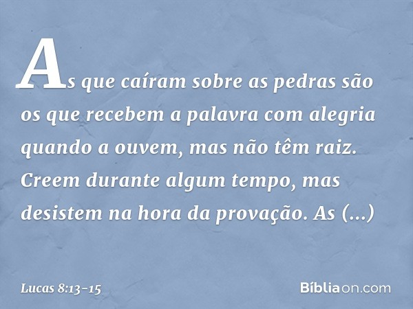 As que caíram sobre as pedras são os que recebem a palavra com alegria quando a ouvem, mas não têm raiz. Creem durante algum tempo, mas desistem na hora da prov