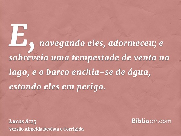 E, navegando eles, adormeceu; e sobreveio uma tempestade de vento no lago, e o barco enchia-se de água, estando eles em perigo.