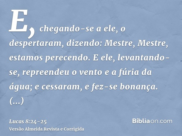 E, chegando-se a ele, o despertaram, dizendo: Mestre, Mestre, estamos perecendo. E ele, levantando-se, repreendeu o vento e a fúria da água; e cessaram, e fez-s