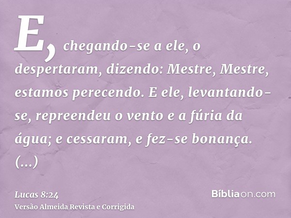 E, chegando-se a ele, o despertaram, dizendo: Mestre, Mestre, estamos perecendo. E ele, levantando-se, repreendeu o vento e a fúria da água; e cessaram, e fez-s