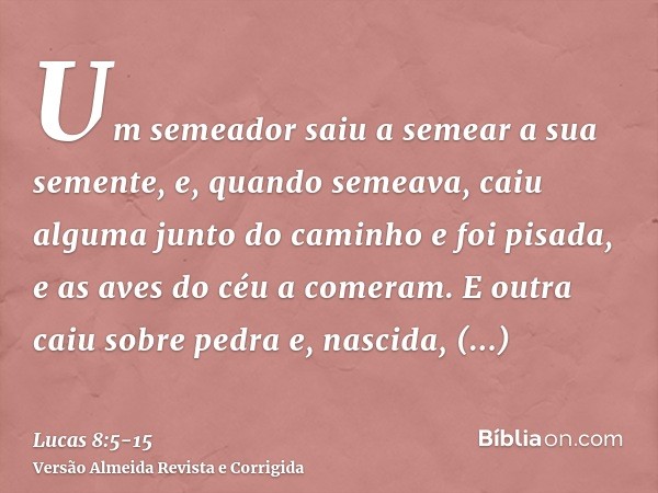 Um semeador saiu a semear a sua semente, e, quando semeava, caiu alguma junto do caminho e foi pisada, e as aves do céu a comeram.E outra caiu sobre pedra e, na