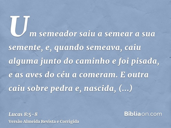 Um semeador saiu a semear a sua semente, e, quando semeava, caiu alguma junto do caminho e foi pisada, e as aves do céu a comeram.E outra caiu sobre pedra e, na