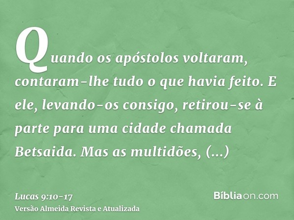 Quando os apóstolos voltaram, contaram-lhe tudo o que havia feito. E ele, levando-os consigo, retirou-se à parte para uma cidade chamada Betsaida.Mas as multidõ