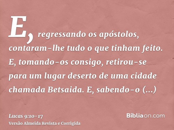 E, regressando os apóstolos, contaram-lhe tudo o que tinham feito. E, tomando-os consigo, retirou-se para um lugar deserto de uma cidade chamada Betsaida.E, sab