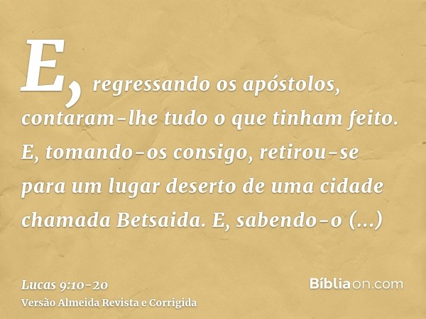 E, regressando os apóstolos, contaram-lhe tudo o que tinham feito. E, tomando-os consigo, retirou-se para um lugar deserto de uma cidade chamada Betsaida.E, sab