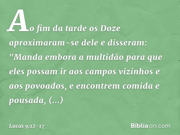 Ao fim da tarde os Doze aproximaram-se dele e disseram: "Manda embora a multidão para que eles possam ir aos campos vizinhos e aos povoados, e encontrem comida 