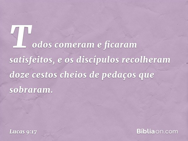 Todos comeram e ficaram satisfeitos, e os discípulos recolheram doze cestos cheios de pedaços que sobraram. -- Lucas 9:17