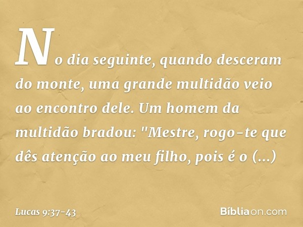 No dia seguinte, quando desceram do monte, uma grande multidão veio ao encontro dele. Um homem da multidão bradou: "Mestre, rogo-te que dês atenção ao meu filho