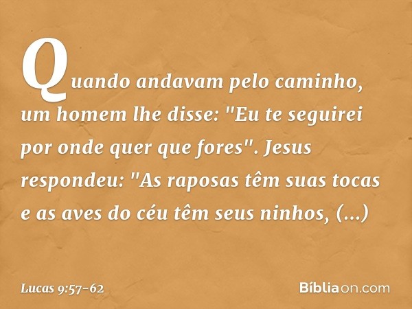 Quando andavam pelo caminho, um homem lhe disse: "Eu te seguirei por onde quer que fores". Jesus respondeu: "As raposas têm suas tocas e as aves do céu têm seus