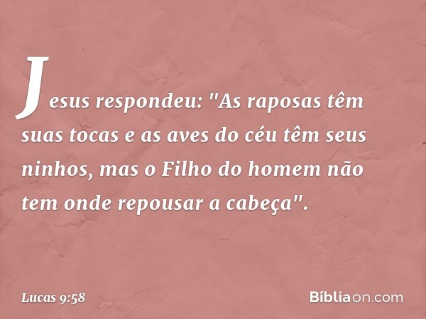 Jesus respondeu: "As raposas têm suas tocas e as aves do céu têm seus ninhos, mas o Filho do homem não tem onde repousar a cabeça". -- Lucas 9:58