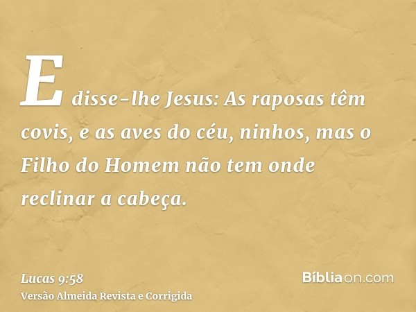 E disse-lhe Jesus: As raposas têm covis, e as aves do céu, ninhos, mas o Filho do Homem não tem onde reclinar a cabeça.