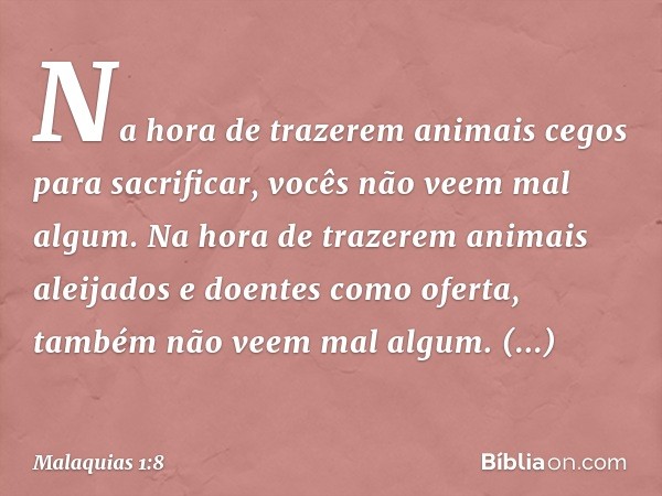 "Na hora de trazerem animais cegos para sacrificar, vocês não veem mal algum. Na hora de trazerem animais aleijados e doentes como oferta, também não veem mal a