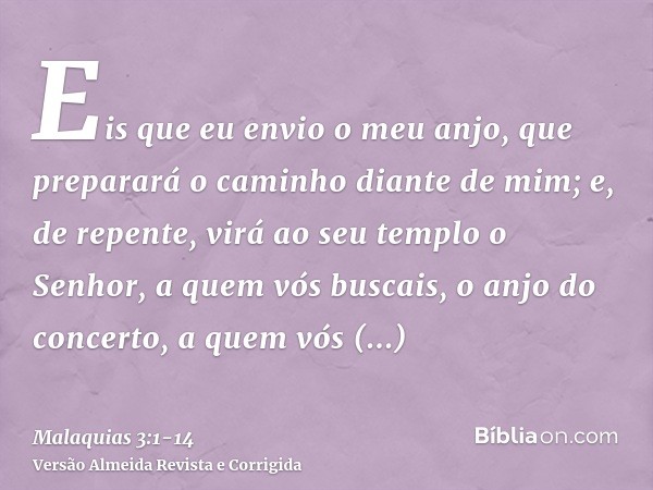 Eis que eu envio o meu anjo, que preparará o caminho diante de mim; e, de repente, virá ao seu templo o Senhor, a quem vós buscais, o anjo do concerto, a quem v