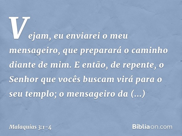 "Vejam, eu enviarei o meu mensageiro, que preparará o caminho diante de mim. E então, de repente, o Senhor que vocês buscam virá para o seu templo; o mensageir