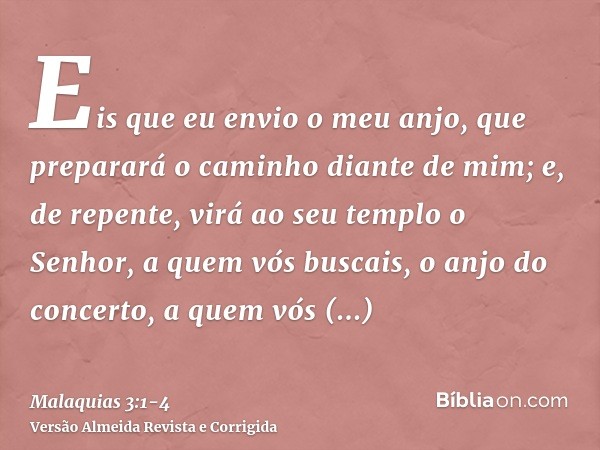 Eis que eu envio o meu anjo, que preparará o caminho diante de mim; e, de repente, virá ao seu templo o Senhor, a quem vós buscais, o anjo do concerto, a quem v