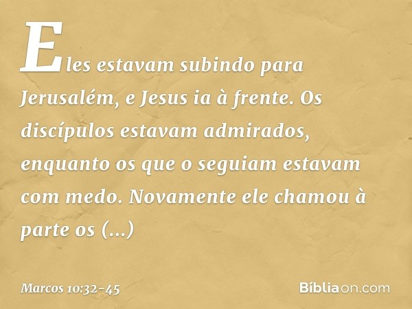 Eles estavam subindo para Jerusalém, e Jesus ia à frente. Os discípulos estavam admirados, enquanto os que o seguiam estavam com medo. Novamente ele chamou à pa