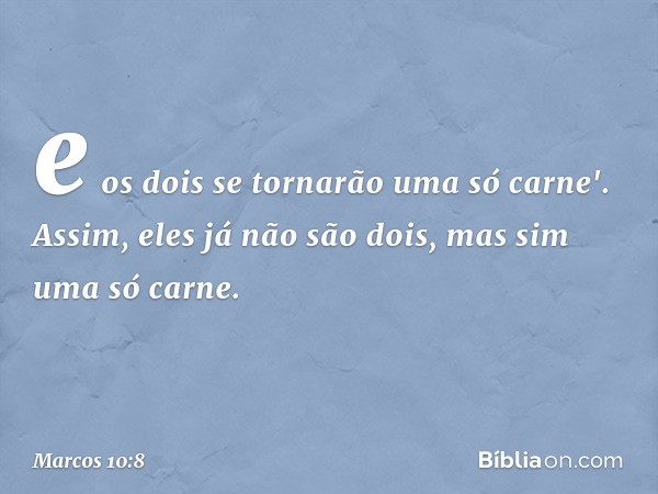 e os dois se tornarão uma só carne'. Assim, eles já não são dois, mas sim uma só carne. -- Marcos 10:8