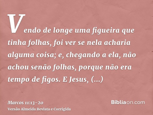 Vendo de longe uma figueira que tinha folhas, foi ver se nela acharia alguma coisa; e, chegando a ela, não achou senão folhas, porque não era tempo de figos.E J