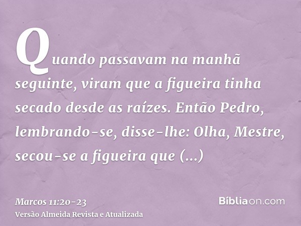 Quando passavam na manhã seguinte, viram que a figueira tinha secado desde as raízes.Então Pedro, lembrando-se, disse-lhe: Olha, Mestre, secou-se a figueira que