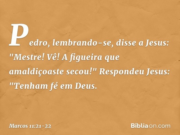 Pedro, lembrando-se, disse a Jesus: "Mestre! Vê! A figueira que amaldiçoaste secou!" Respondeu Jesus: "Tenham fé em Deus. -- Marcos 11:21-22