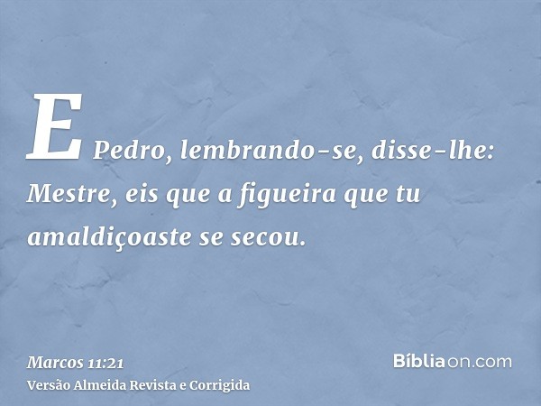 E Pedro, lembrando-se, disse-lhe: Mestre, eis que a figueira que tu amaldiçoaste se secou.