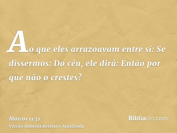 Ao que eles arrazoavam entre si: Se dissermos: Do céu, ele dirá: Então por que não o crestes?