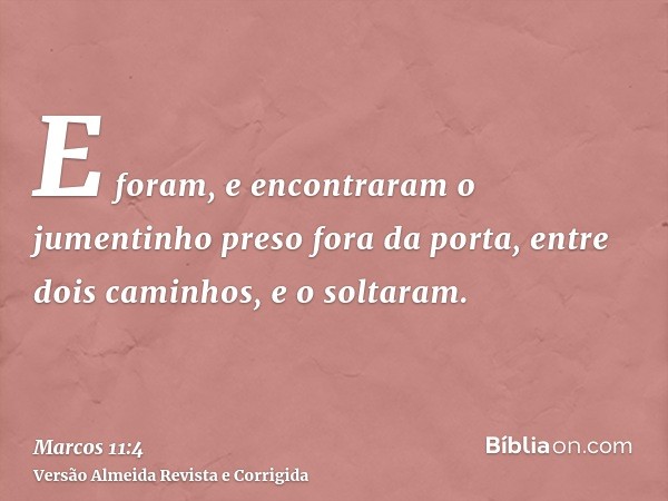 E foram, e encontraram o jumentinho preso fora da porta, entre dois caminhos, e o soltaram.