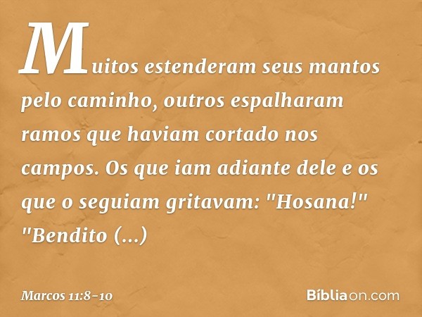 Muitos estenderam seus mantos pelo caminho, outros espalharam ramos que haviam cortado nos campos. Os que iam adiante dele e os que o seguiam gritavam:
"Hosana!