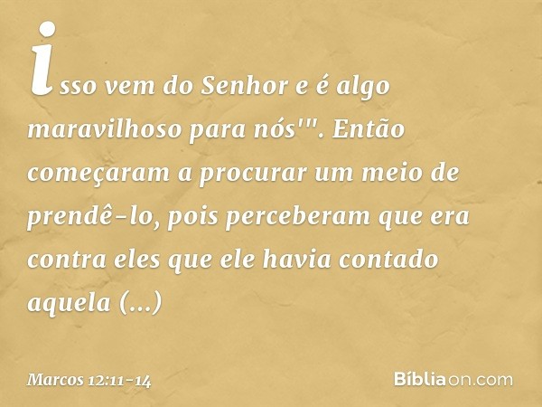 isso vem do Senhor
e é algo maravilhoso
para nós'". Então começaram a procurar um meio de prendê-lo, pois perceberam que era contra eles que ele havia contado a