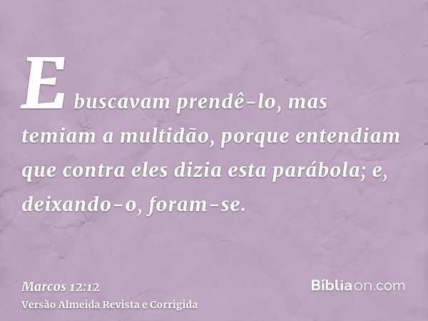 E buscavam prendê-lo, mas temiam a multidão, porque entendiam que contra eles dizia esta parábola; e, deixando-o, foram-se.