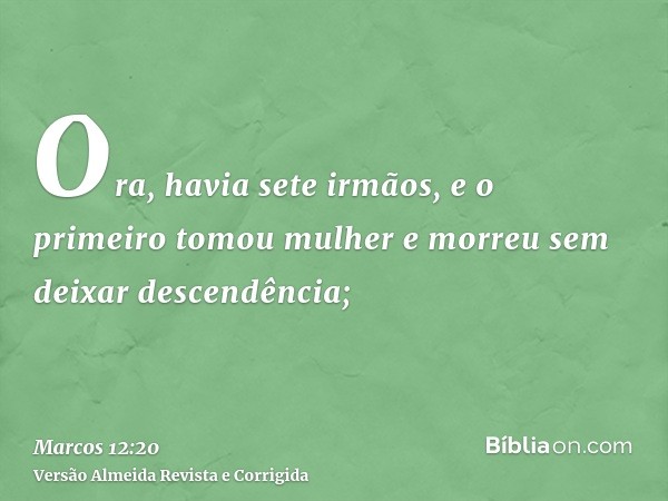 Ora, havia sete irmãos, e o primeiro tomou mulher e morreu sem deixar descendência;