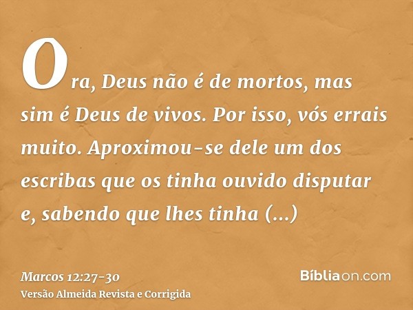Ora, Deus não é de mortos, mas sim é Deus de vivos. Por isso, vós errais muito.Aproximou-se dele um dos escribas que os tinha ouvido disputar e, sabendo que lhe
