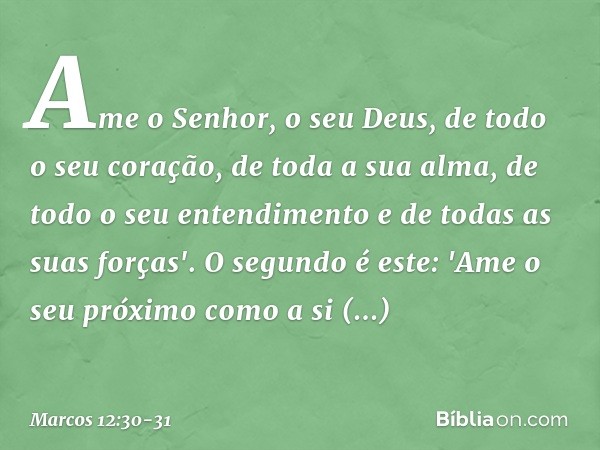 Ame o Senhor, o seu Deus, de todo o seu coração, de toda a sua alma, de todo o seu entendimento e de todas as suas forças'. O segundo é este: 'Ame o seu próximo