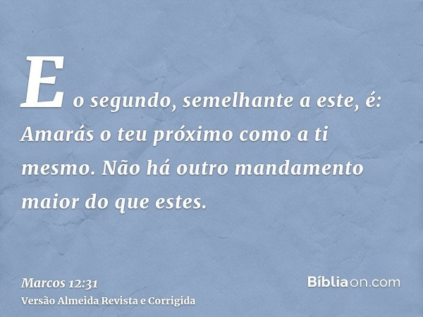 E o segundo, semelhante a este, é: Amarás o teu próximo como a ti mesmo. Não há outro mandamento maior do que estes.