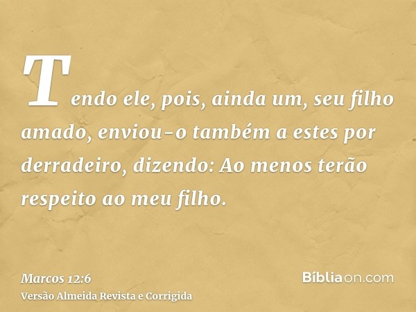 Tendo ele, pois, ainda um, seu filho amado, enviou-o também a estes por derradeiro, dizendo: Ao menos terão respeito ao meu filho.